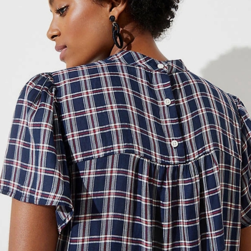 LOFT I MP Plaid Rayon Blend Blouse I blue red white - Picture 2 of 9